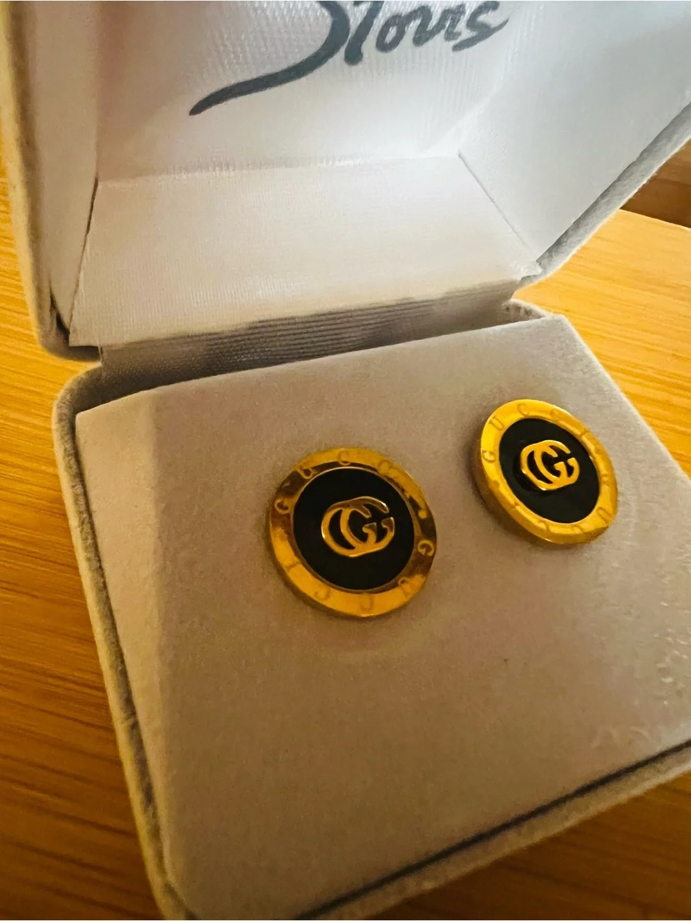 Black and Gold Round Enamel Double-G Stud Earrings